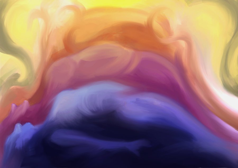 An abstract painting of a glowing gradient shifting from deep indigo through magenta to gold and yellow
