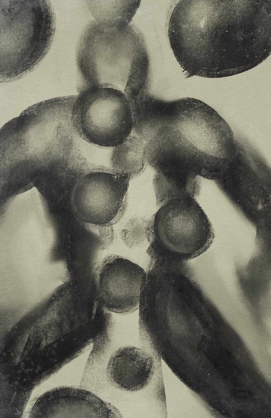 An abstract sepia ink drawing of a human torso marked with a column of dark circular forms