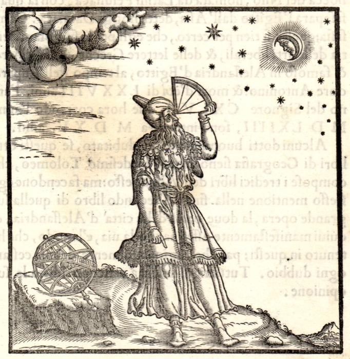 A 16th-century engraving of an astrologer observing the night sky with an astrolabe