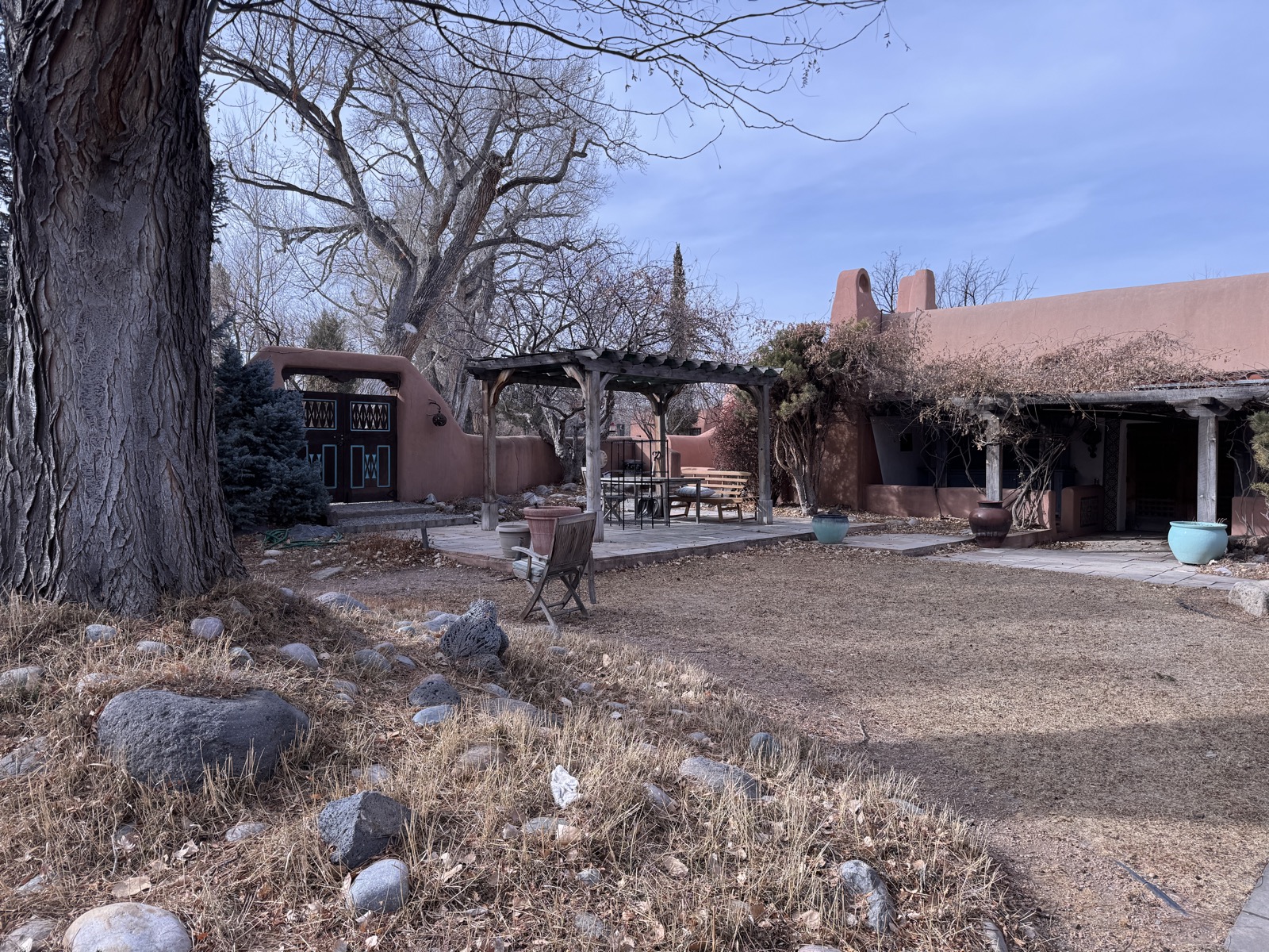 The adobe courtyard and pergola at The Belhor Healing Center in Artesia, New Mexico