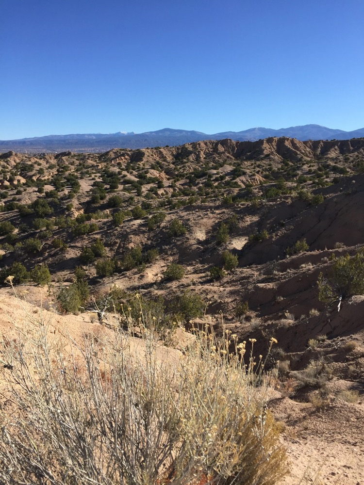 A high desert vista of arroyos and mountains surrounding the land grant