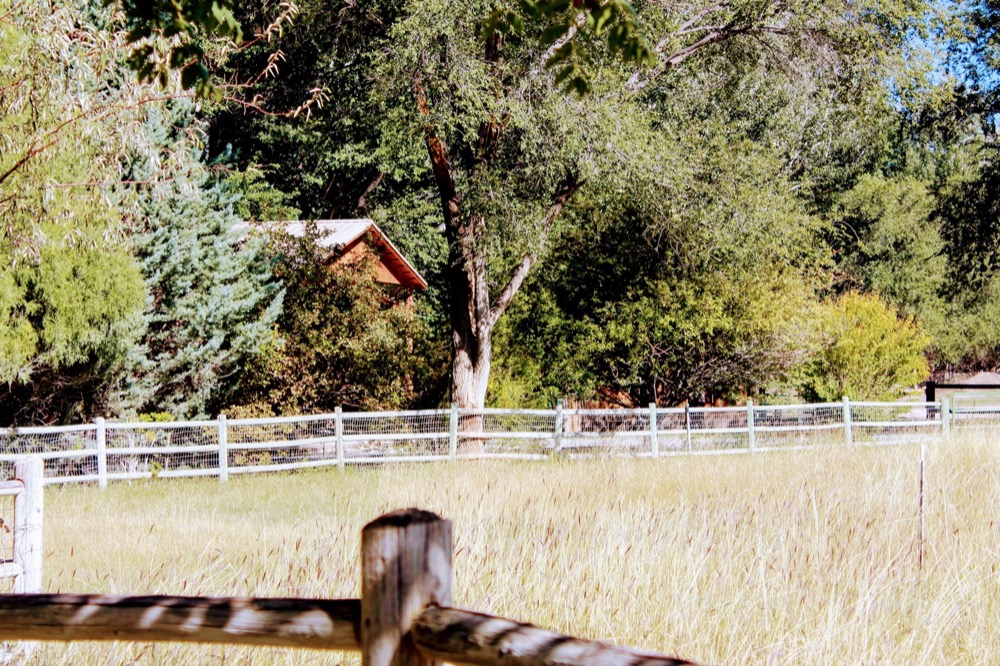 A fenced pasture with a barn and autumn trees in the distance