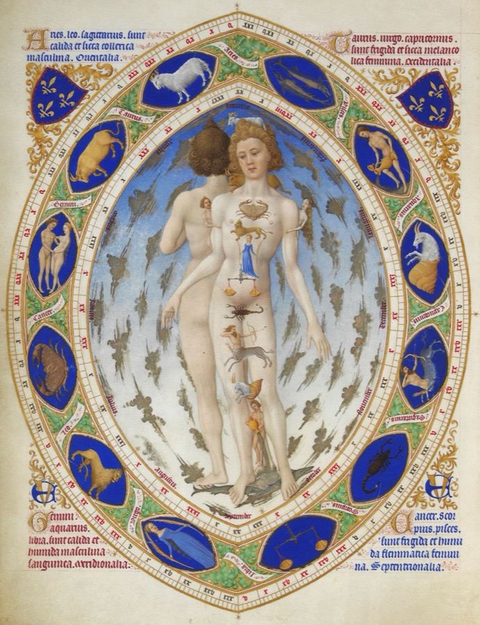 A 15th-century illuminated Zodiac Man manuscript page, mapping the body's correspondence to the celestial signs